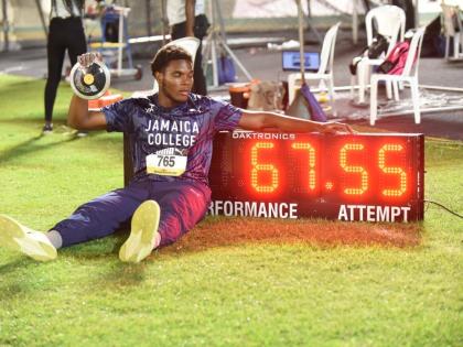 Joseph Salmon of Jamaica College celebrates after breaking the boys’ Class One discus record twice and winning gold at the ISSA/GraceKennedy Boys and Girls Athletics Championships on March 26, 2026. 