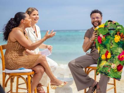 The Today show’s Sheinelle Jones (left) and Jenna Bush Hager in a playful mood while interviewing Grammy-award winning artiste Orville ‘Shaggy’ Burrell during a broadcast from Sandals Dunn’s River in St Ann yesterday.