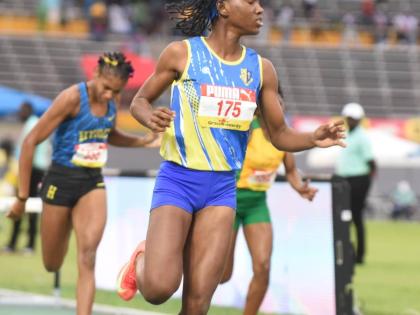 Azaria Harris of Alpha Academy celebrates after setting a new Class Three 80m hurdles record of 10.80 seconds at the ISSA GraceKennedy Boys and Girls Athletics Championships on March 27, 2026. (Ian Allen photo)