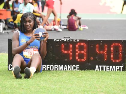 Clarendon College’s Jamelia Young who delivered a record-breaking performance in the girls’ Class Two  discus. Young produced a personal best mark of 48.40 metres to win the event, breaking the old mark of 47.04m set by former Holmwood Technical throwe