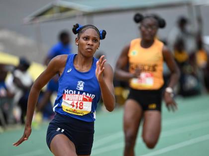 Shanoya Douglas powers around the bend on her way to winning the girls’ Class One 200m in a new championship record time at the at the 2026 ISSA/GraceKennedy Boys and Girls’ Athletics Championships. (Ricardo Makyn photo)