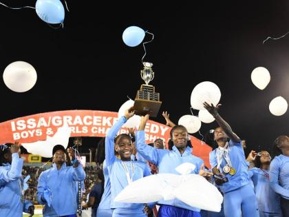 Edwin Allen Athletes celebrate winning the 2026 ISSA/GraceKennedy Boys and Girls’ Athletics Championships inside the National Stadium yesterday. 
