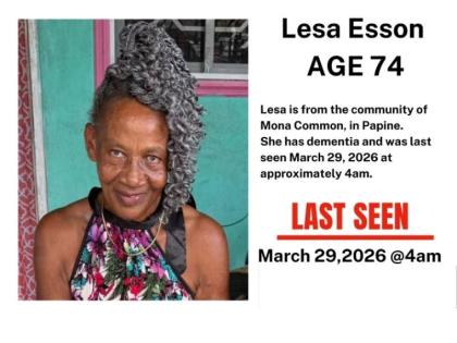 A missing person poster for Lesa Esson, released by her family, as they appeal for information following her disappearance from Mona Commons, Papine, St Andrew, on March 29, 2026. 