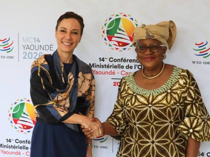 
Senator Kamina Johnson Smith (left), Minister of Foreign Affairs and Foreign Trade, meets with Dr Ngozi Okonjo-Iweala, Director-General of the World Trade Organization, on the margins of the 14th Ministerial Conference (MC14) in Yaoundé, Cameroon, whic