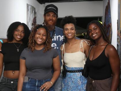 CEO of The Compound, Tom ‘Panic’ Jones is flanked by fashion designer, Ackeilia Caine (second right) and sisters and co-owners of Ahmeraki Cafe (from left) Amanda, Alyssa and Amelia Hutton, at the Rhythm Sundays showcase on Sunday.