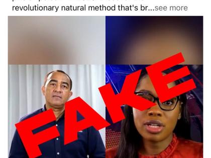 Screenshot from a viral social media video falsely showing the image and voice of the Ministry of Health and Wellness promoting a blood pressure pill. The ministry has warned that the content is fake and AI-generated.