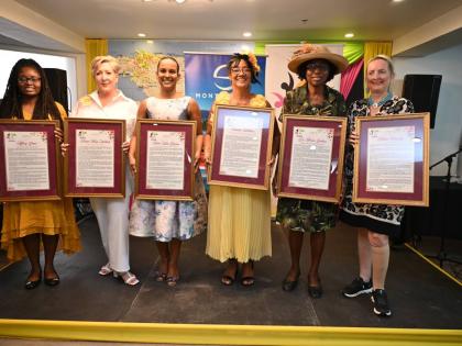 Women of Resilience Honorees 2026 (from left): Tiffany Grant, Pastor Mary Wildish, Tricia-Ann Bicarie, Tamika Williams, Dr Marcia Graham, and Katrin Casserly with their citations during the Women of Western Jamaica Brunch held last Sunday at the S Hotel Mo