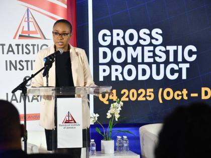 Statistical Institute of Jamaica (STATIN) Director General, Leesha Delatie-Budair, addresses Tuesday’s (March 31) quarterly press briefing, held at Terra Nova All-Suite Hotel in St Andrew.