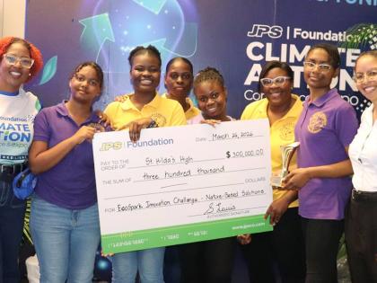 The winning St Hilda’s team with JPS Foundation head, Sophia Lewis (left), and EFJ CEO Nicole Adamson (right).