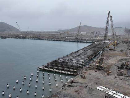 Cranes work in the construction of the Chancay Multipurpose Port Terminal, built by Chinese company in Chancay, Peru.