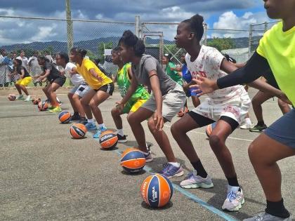 Athletes during a training session at the Aaliyah Edwards’ ‘You Got Knext’ girls basketball camp at the Queens School