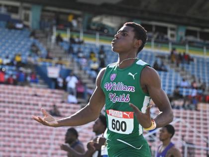 Sanjay Seymore  celebrates after capturing the Under-20 boys’ 200 metres final on day three of the Carifta Trials held at the National Stadium on Sunday, March 8. Seymore crossed the line in 20.95 seconds.