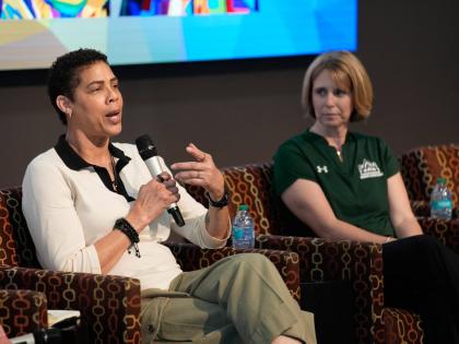 Former basketball player Cheryl Miller  (left) speaks beside Julie Church, Delta State women’s basketball assistant coach, during an event on Thursday, April 2, 2026, in Phoenix.  
