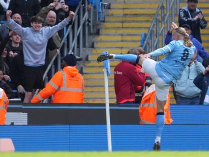 AP 
Manchester City’s Erling Haaland celebrates after scoring during the FA Cup quarter-final football match against Liverpool in Manchester, England, yesterday.