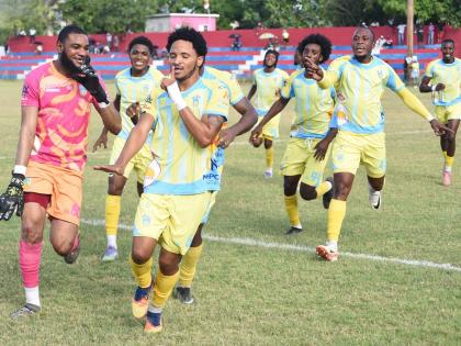 Waterhouse players in a celebratory ood during a Jamaica Premier League encounter against Portmore United at Ferdi Neita Park recently.