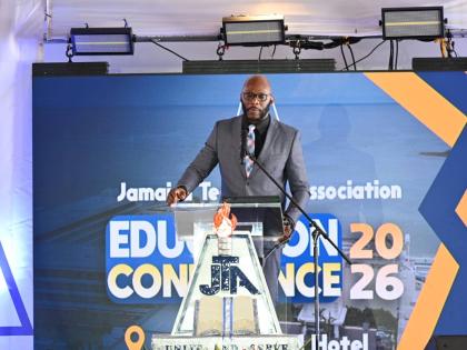 Jamaica Teachers’ Association (JTA) President Mark Malabver addressing the JTA’s 2026 Education Conference in Hanover on Tuesday.