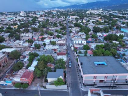 Aerial view of the Parade Gardens, Tel Aviv  and the Soutside communities in downtown Kingston.