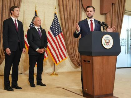 US Vice President JD Vance, right, speaks during a news conference after meeting with representatives from Pakistan and Iran as Jared Kushner, left, and Steve Witkoff, Special Envoy for Peace Missions listen, on April 12, 2026, in Islamabad, Pakistan. (AP 