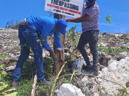 Representatives from SCJ Holdings Limited erect a 'No Trespassing' sign on former sugar lands in Trelawny as part of measures to stem the illegal occupation and unauthorised sale of such properties across the island.
