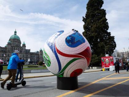 Soccer fans gathered on the grounds of the legislature to take part in the FIFA World Cup 2026 countdown celebration event in Victoria, B.C., on Tuesday, March 31, 2026. (Chad Hipolito/The Canadian Press via AP)