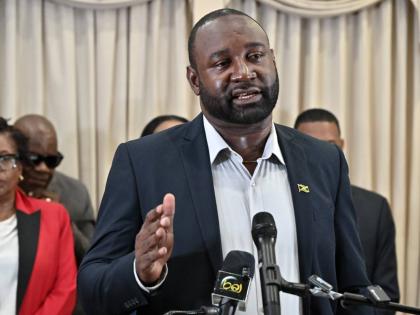 MP Dr Dayton Campbell speaking at a PNP press conference at the Office of the Leader of the Opposition on Tuesday, April 14, 2026.