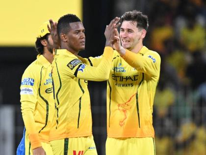 Chennai Super Kings’ Akeal Hosein (centre) celebrates with teammates the wicket of Kolkata Knight Riders’ Angkrish Raghuvanshi during the Indian Premier League cricket match against Kolkata Knight Riders in Chennai, India, yesterday.