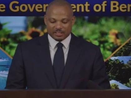 Bermuda’s Minister of Economy and Labour Jason Hayward speaking at news conference on Monday, April 13, 2026. 