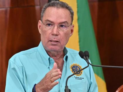 Energy and Transport Minister Daryl Vaz speaking at a post-Cabinet press briefing at Jamaica House on April 15, 2026. 