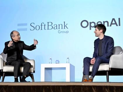 SoftBank Chief Masayoshi Son, left, and OpenAI Chief Sam Altman hold a talk during an event for enterprises in Tokyo, in Tokyo, Monday, February 3, 2025.