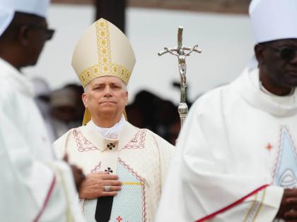 Pope Leo XIV arrives in procession to celebrate Mass at Yaounde Ville Airport, Cameroon.