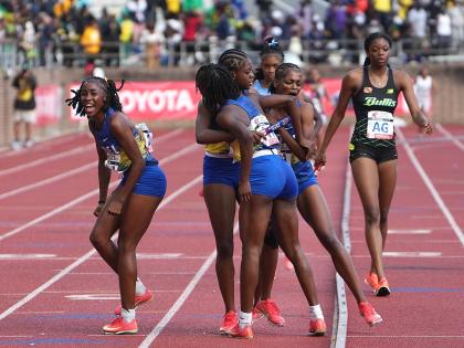 Hydel High School’s athletes celebrate winning the final event of the Penn Relays, the Championship of America 4x400-metres inside Franklin Field Stadium in Philadelphia, Pennsylvania on Saturday, April 26, 2025.