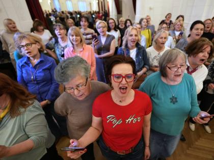 Choir members perform a song during a practice in Belgrade, Serbia.