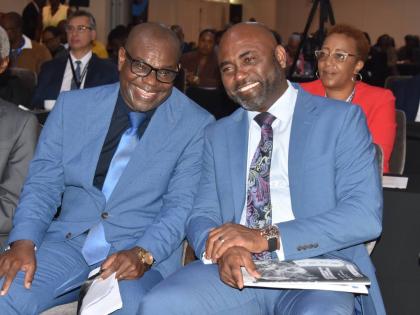 Chairman of the Organisation of Caribbean Utility Regulators, Ansford Hewitt (left), shares a light moment with Dr Andrew Wheatley, minister without portfolio in the Office of the Prime Minister, with responsibility for science, technology and special proj