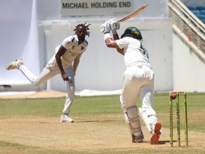 Jamaica Scorpions batsman Brandon King flicks a delivery from Shamar Springer of Barbados Pride during their West Indies Championship match at Sabina Park yesterday. King made 63 in Jamaica Scorpions’ second innings.