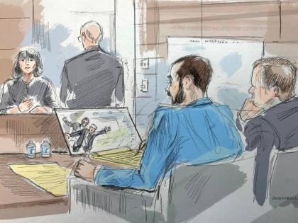 In this courtroom sketch, a witness describes video of an alleged attack on Salman Rushdie by Hadi Matar, in federal court in Buffalo, NY, on Wednesday, July 22, 2026. Matar, foreground, is seated with his lawyer’s co-council.