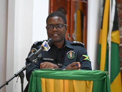 Deputy Superintendent and Operations Officer for the St Mary Police Division, Ricardo Beckford, delivers a presentation during the St Mary Municipal Corporation's Disaster Preparedness, Hazard Mitigation and Safety Committee Meeting in Port Maria, St Mary,