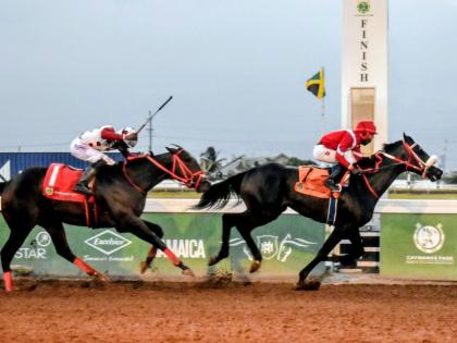 PHENOMENAL POWER (right), ridden by Tajay Suckoo, wins the sixth running of the Diamond Mile ahead of GIRVANO (Tevin Foster) at Caymanas Park last Saturday.