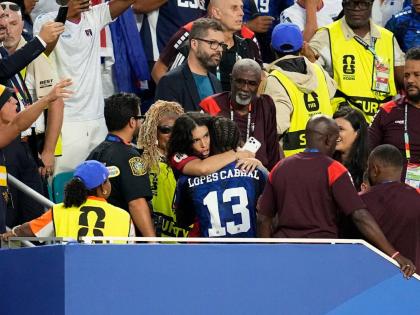 Cape Verde’s Sidny Lopes Cabral (13) celebrates their second goal in the stands during the World Cup round-of-32 match against Argentina in Miami Gardens, Florida, on Friday, July 3.