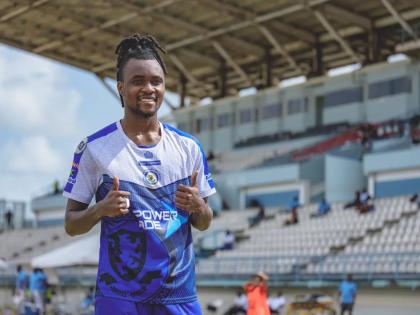 
Mount Pleasant’s Johnson Juedy gives a thumbs up after scoring in the quarterfinal of the Caribbean Club Shield against Weymouth Wales at the Larry Gomes Stadium in Arima, Trinidad. 