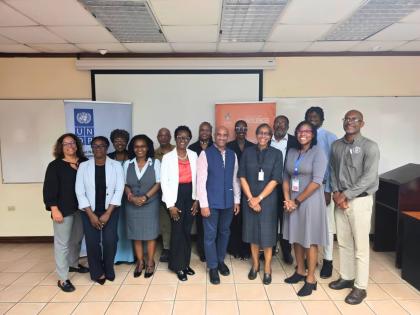 UNDP Resident Representative Dr Kishan Khoday (front row, 4th right) poses with participants in the UWI UNDP Thought Leadership Dialogue and HDR Consultation including from left (front row): Dr Sandria Tennant, Senior Lecturer, Department of Economics, The
