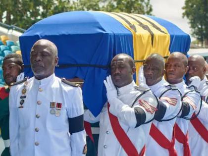 The casket of Sir Garfield Sobers is being carried at Kensington Oval during his state funeral on Wednesday.