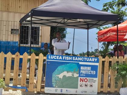 Minister of Agriculture and Fisheries, Floyd Green, addressing the official opening ceremony for the Lucea Fish Sanctuary and its administrative office, on the grounds of the sanctuary on Wednesday.