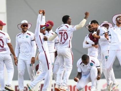 
West Indies celebrate winning the first Test against Pakistan at the Brian Lara Cricket Academy in Tarouba, Trinidad. 