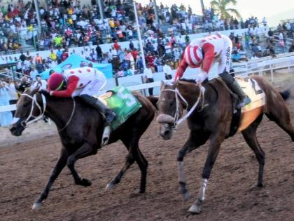 LONDON SPIRIT (left),  ridden by Tevin Foster, wins the 106th running of the Jamaica Derby ahead MAVERICK (Calvin Bailey) at Caymanas Park on August 6, 2026. 