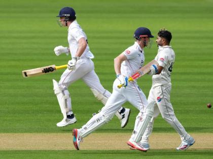 
England’s Harry Brook (centre) and batting partner Dan Lawrence run between the wickets as Pakistan’s Khurram Shahzad (right) looks on, on day three of the second Test match in London yesterday.