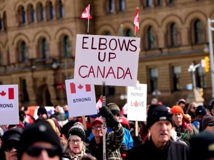 FILE - People rally in response to U.S. President Donald Trump’s threats to Canadian sovereignty on Parliament Hill in Ottawa, March 9, 2025. (Justin Tang/The Canadian Press via AP File)