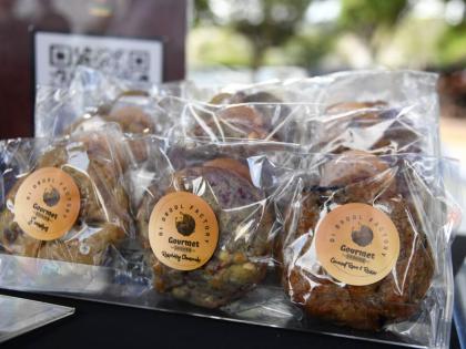 Fresh, flavour-packed and ready to tempt! A line-up of Di Drool Factory’s gourmet cookies (from left): loaded s’mores, raspberry cheesecake and coconut rum & raisin awaits sweet-toothed customers at its Devon House pop-up.