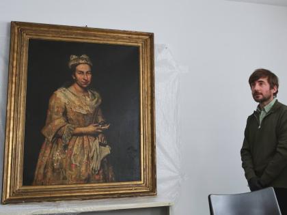 The 18th-century painting “Portrait of a Lady,” allegedly stolen by a Nazi officer during World War II, is displayed during a news conference in Mar del Plata, Argentina, on September 3, 2025.