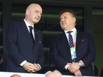 
FIFA President Gianni Infantino, left, and President of Polish Football Association Cezary Kulesza attend the opening game of the Women’s U20 World Cup opening match between Poland and Argentina in Katowice, Poland, yesterday.