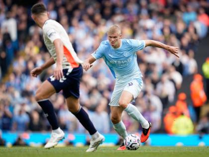 
Manchester City’s Erling Haaland (right) in action during the English Premier League football match against Coventry City in Manchester, England, yesterday.